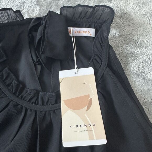 Kirundo Black Sleeveless Tiered Mini Dress High Neck Bow Back Womens Size M - Picture 9 of 9